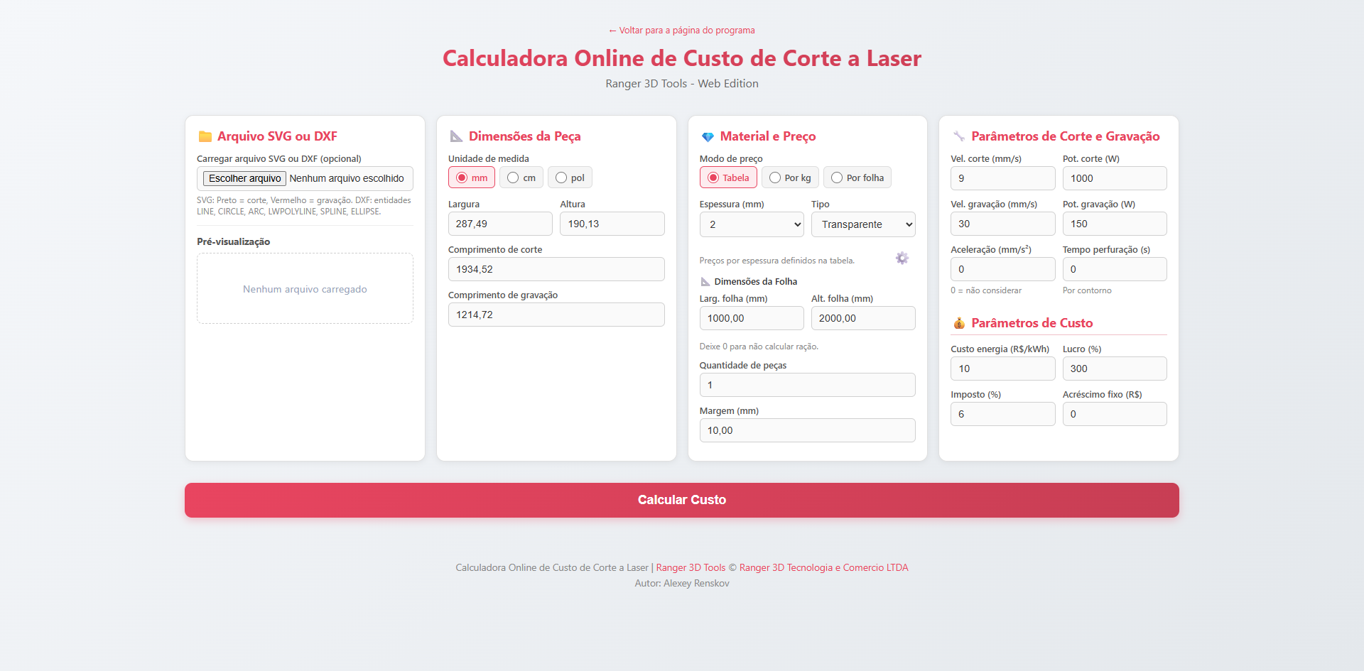 Calculadora Online de Custo de Corte a Laser